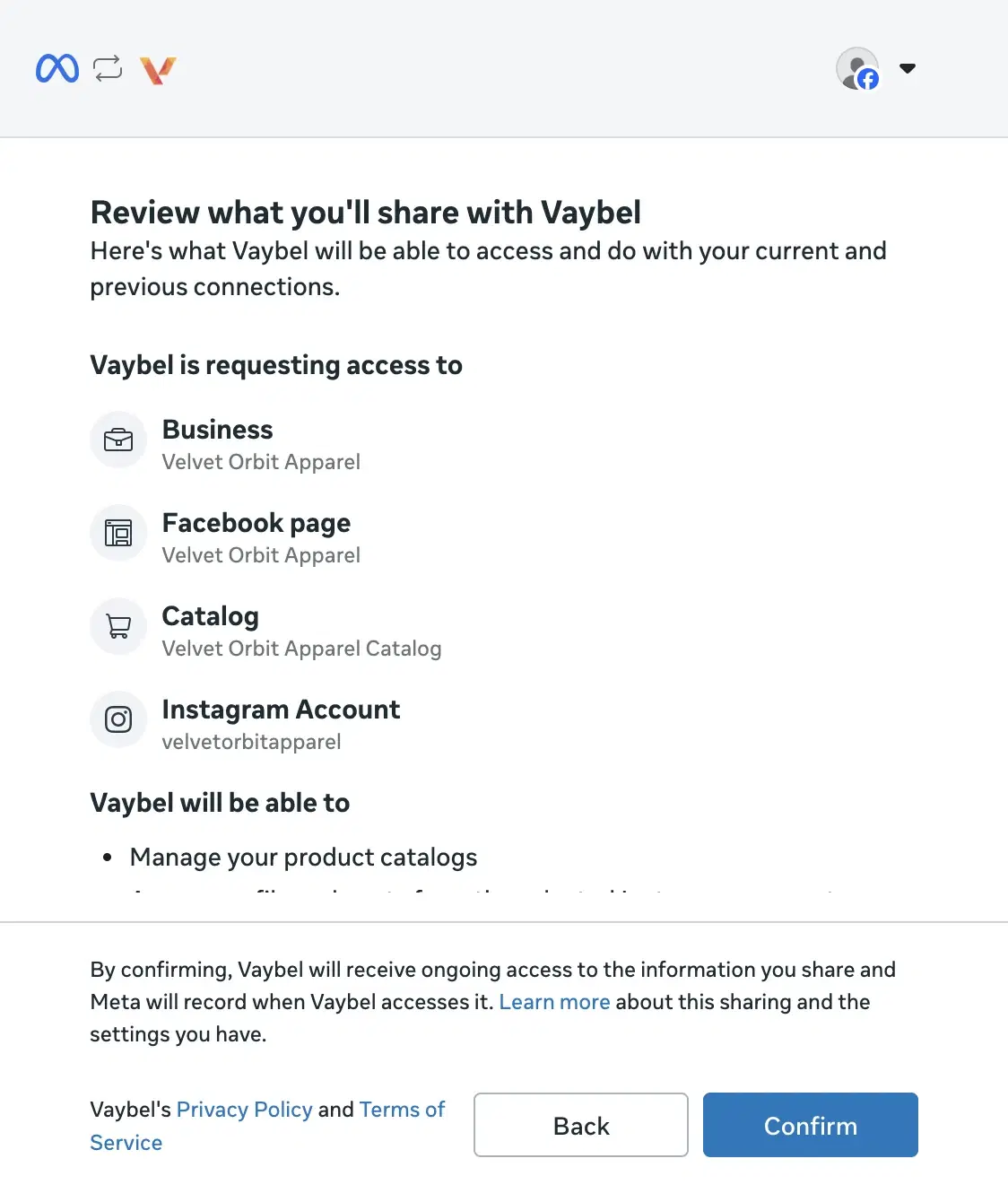 Meta review screen listing the Instagram publishing and insights permissions requested by Vaybel.