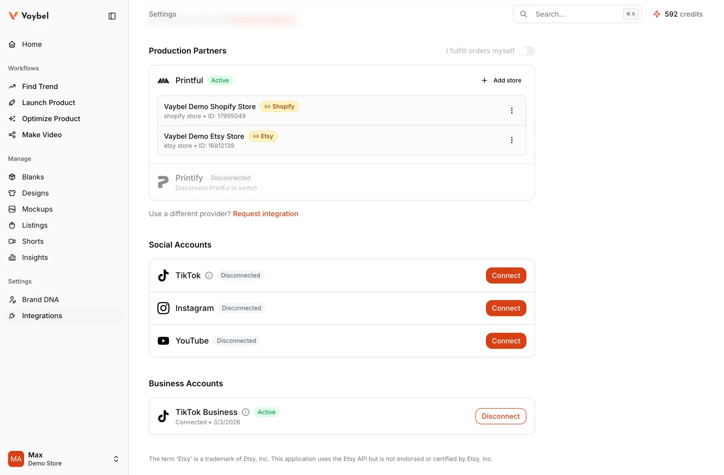 Vaybel dashboard integrations page showing Printful as an active production partner with Shopify and Etsy store rows beneath it.