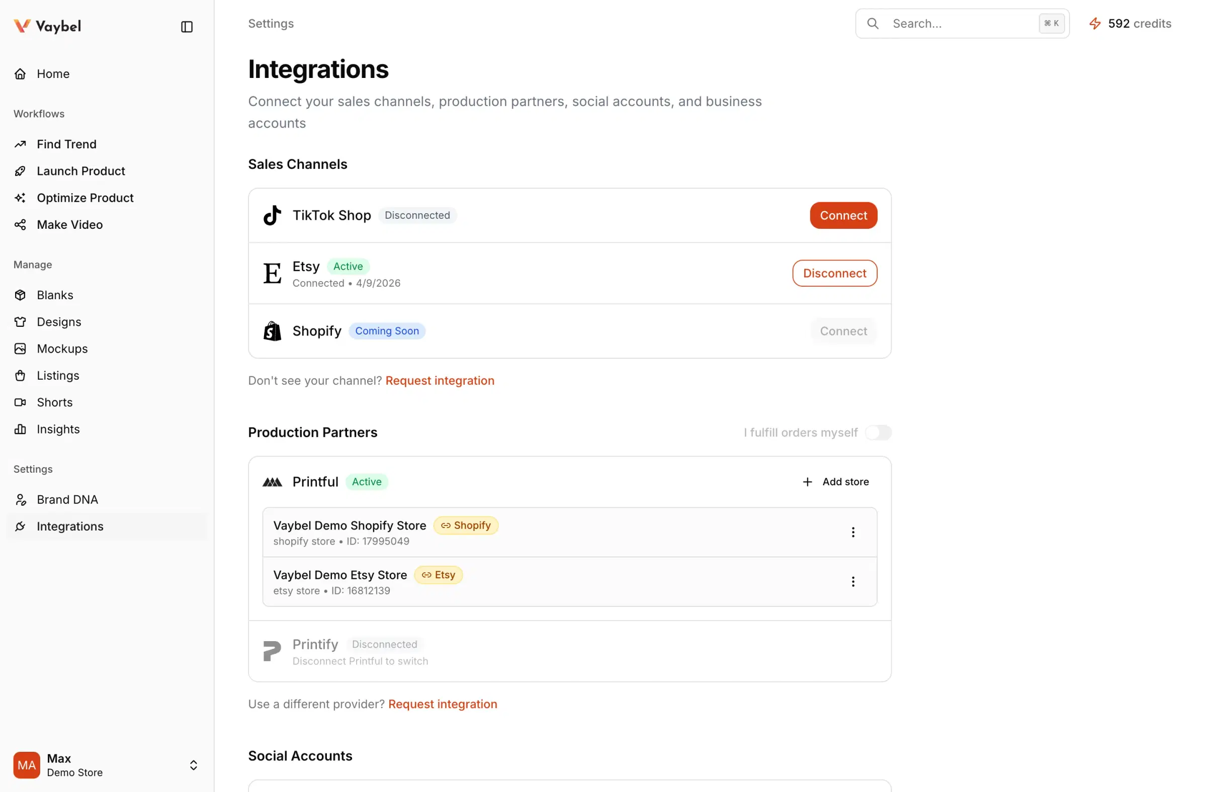 Vaybel dashboard integrations page showing the Sales Channels section with TikTok Shop and Etsy active and Shopify marked as coming soon.